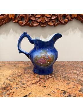 Vintage Staffordshire Pottery Jug with a Vibrant Cobalt Blue Glaze "Flow Blue"